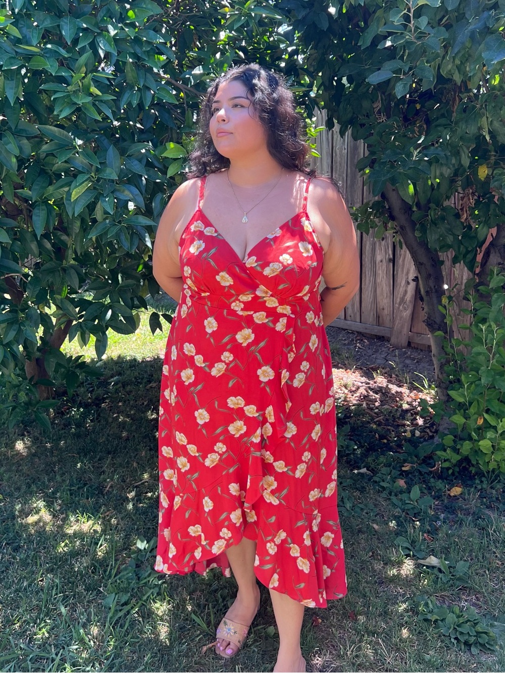 Inspired Hearts Red Floral Wrap Midi Dress